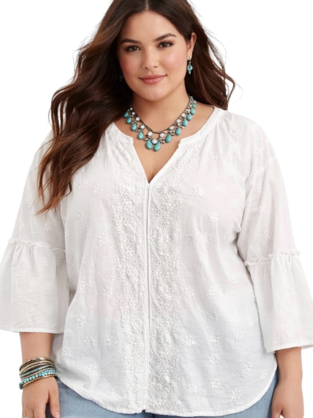 NWT Style & Co. Bright White Cotton Boho Bell Sleeve Blouse Top